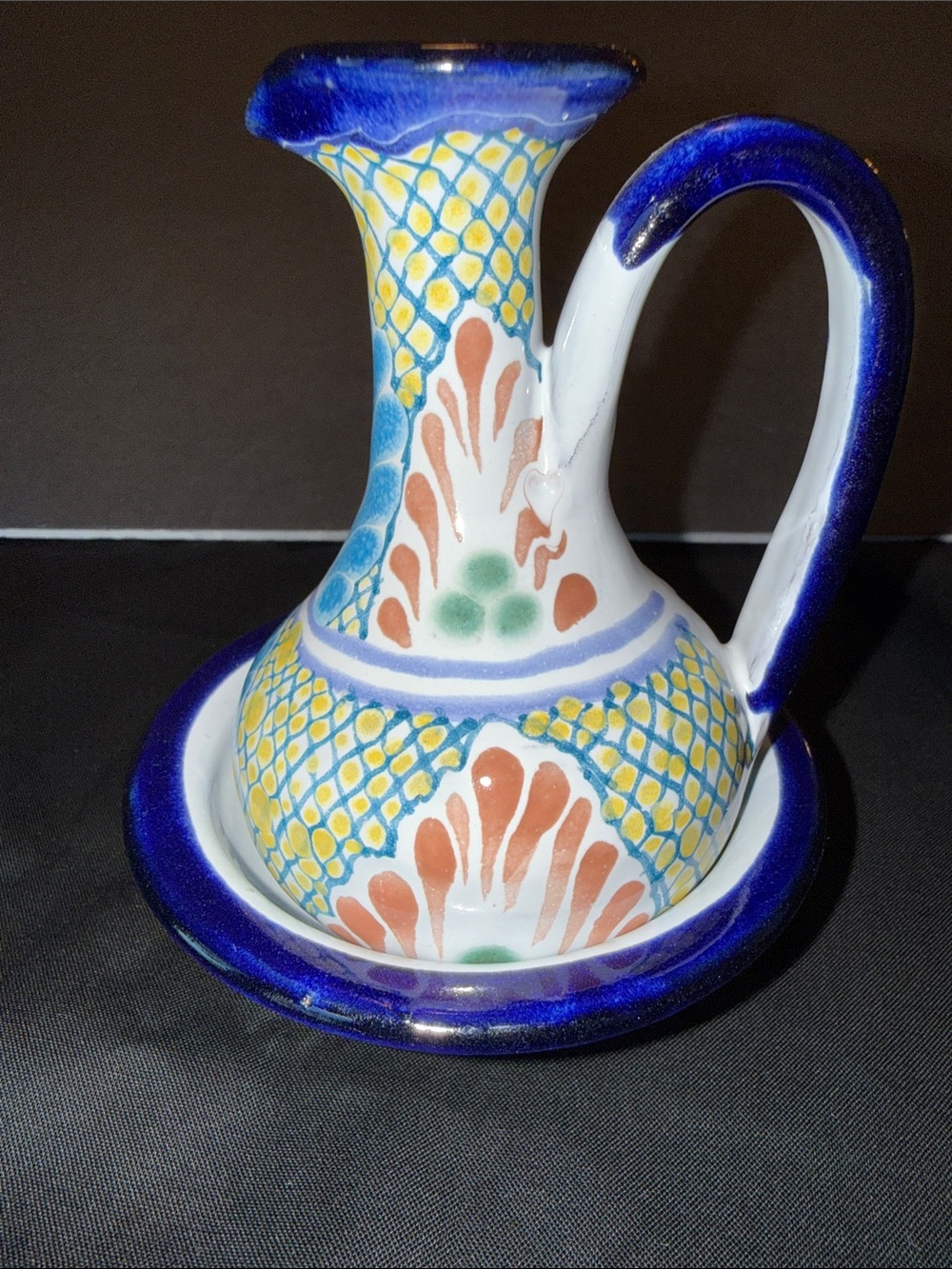 Vintage Signed Hand Painted Mexican Talavera Diminutive Pitcher & Basin.